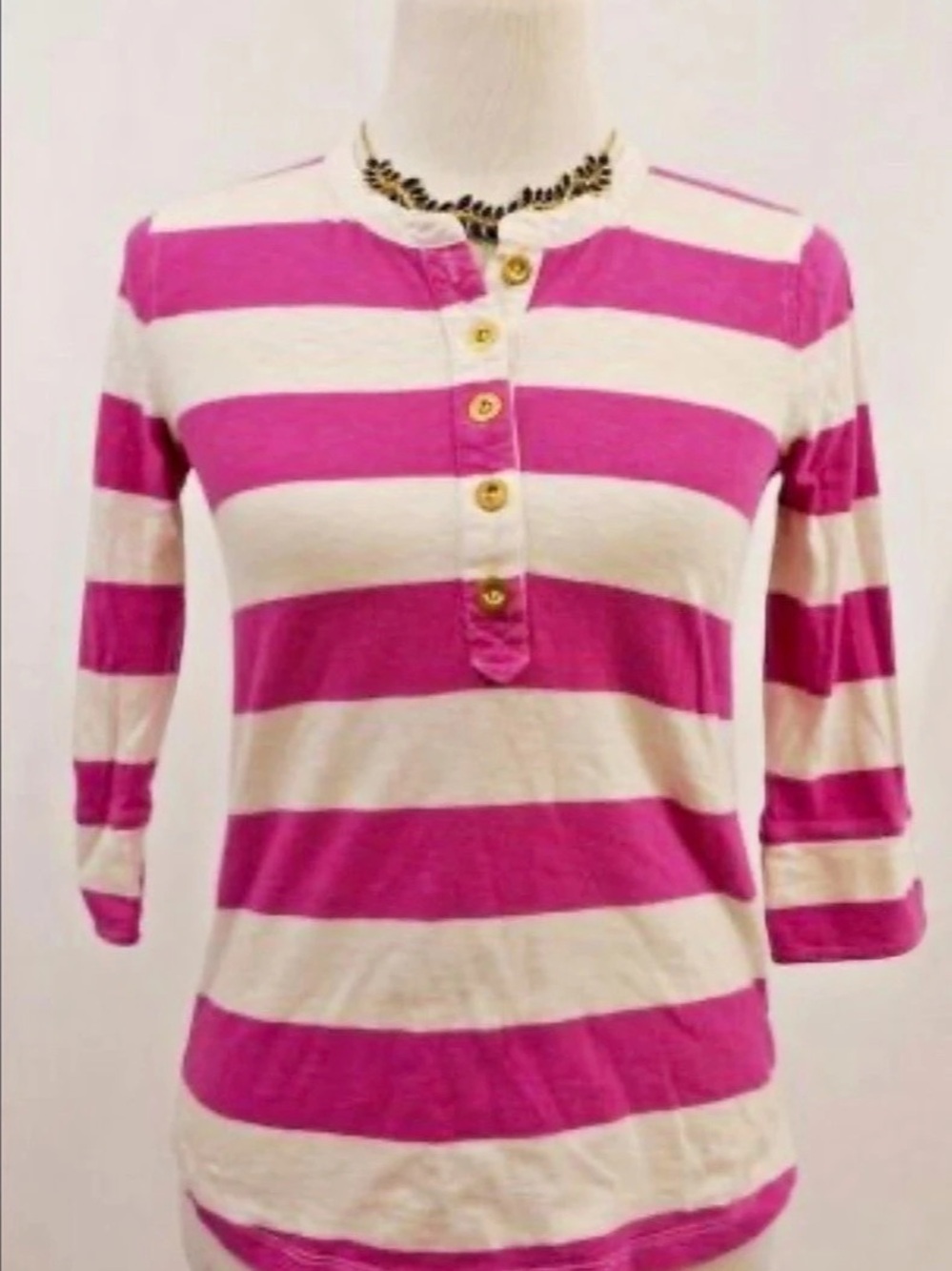 J.Crew Striped Henley Top in Pink & White Size Medium Like New